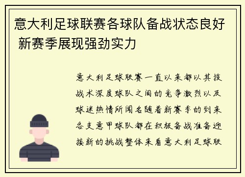 意大利足球联赛各球队备战状态良好 新赛季展现强劲实力