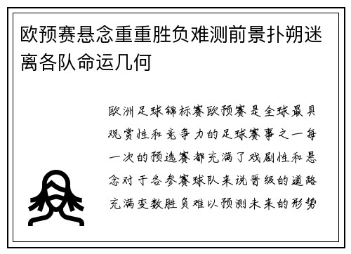 欧预赛悬念重重胜负难测前景扑朔迷离各队命运几何