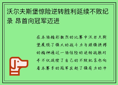 沃尔夫斯堡惊险逆转胜利延续不败纪录 昂首向冠军迈进