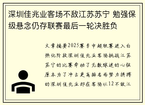 深圳佳兆业客场不敌江苏苏宁 勉强保级悬念仍存联赛最后一轮决胜负